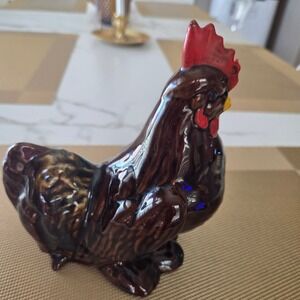 Vintage Ceramic Brown Rooster‎ Figurine Red Comb Yellow Beak Farmhouse Decor